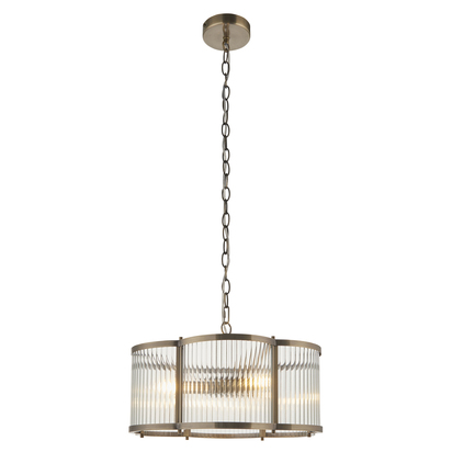 Warwick 3lt Pendant Pendant light Antique brass plate & clear ribbed glass