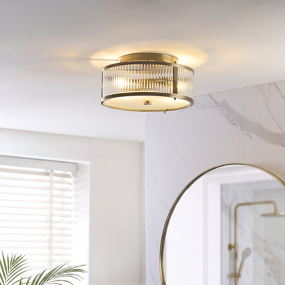 Wareham 2lt Flush Flush light Antique brass plate, clear ribbed & frosted glass