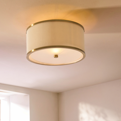 Sherborne Flush Flush light Ivory fabric, brushed aged brass & frosted glass