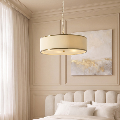 Sherborne 5lt Pendant Pendant light Ivory fabric, brushed aged brass & frosted glass