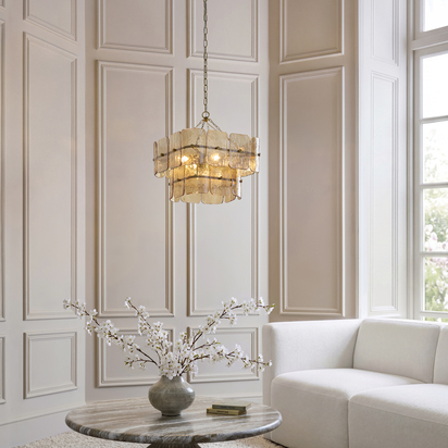 Calne 4lt Pendant Pendant light Brushed aged brass plate & champagne handmade textured glass