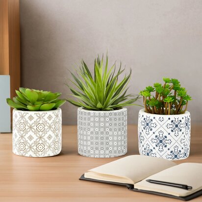 Kenarose Set of 3 Succulents in Geometric Design Ceramic Pots