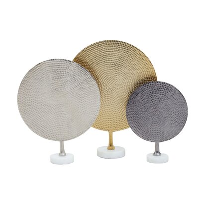 Kenorhurst Set Of 3 Hammered Metal Disc Sculptures with Marble Base