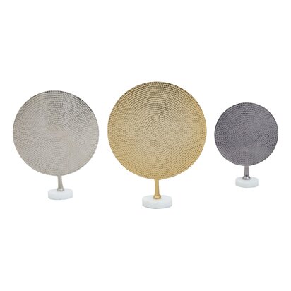 Kenorhurst Set Of 3 Hammered Metal Disc Sculptures with Marble Base