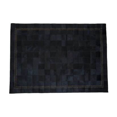 Niaestead Safira Small Black hair on leather Patchwork Rug With Gold Studs